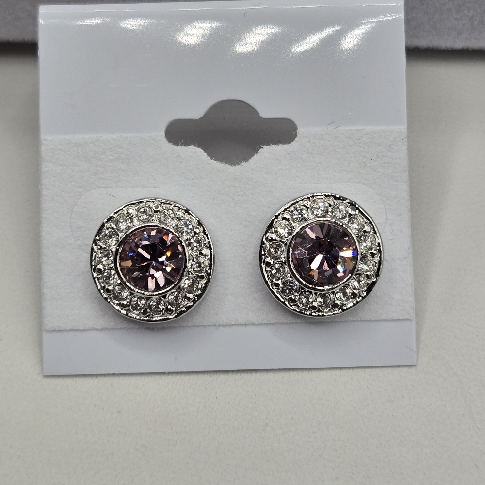 Lt Purple Amethyst Halo Earrings Made w/ Swarovski Crystals Silver Overlay